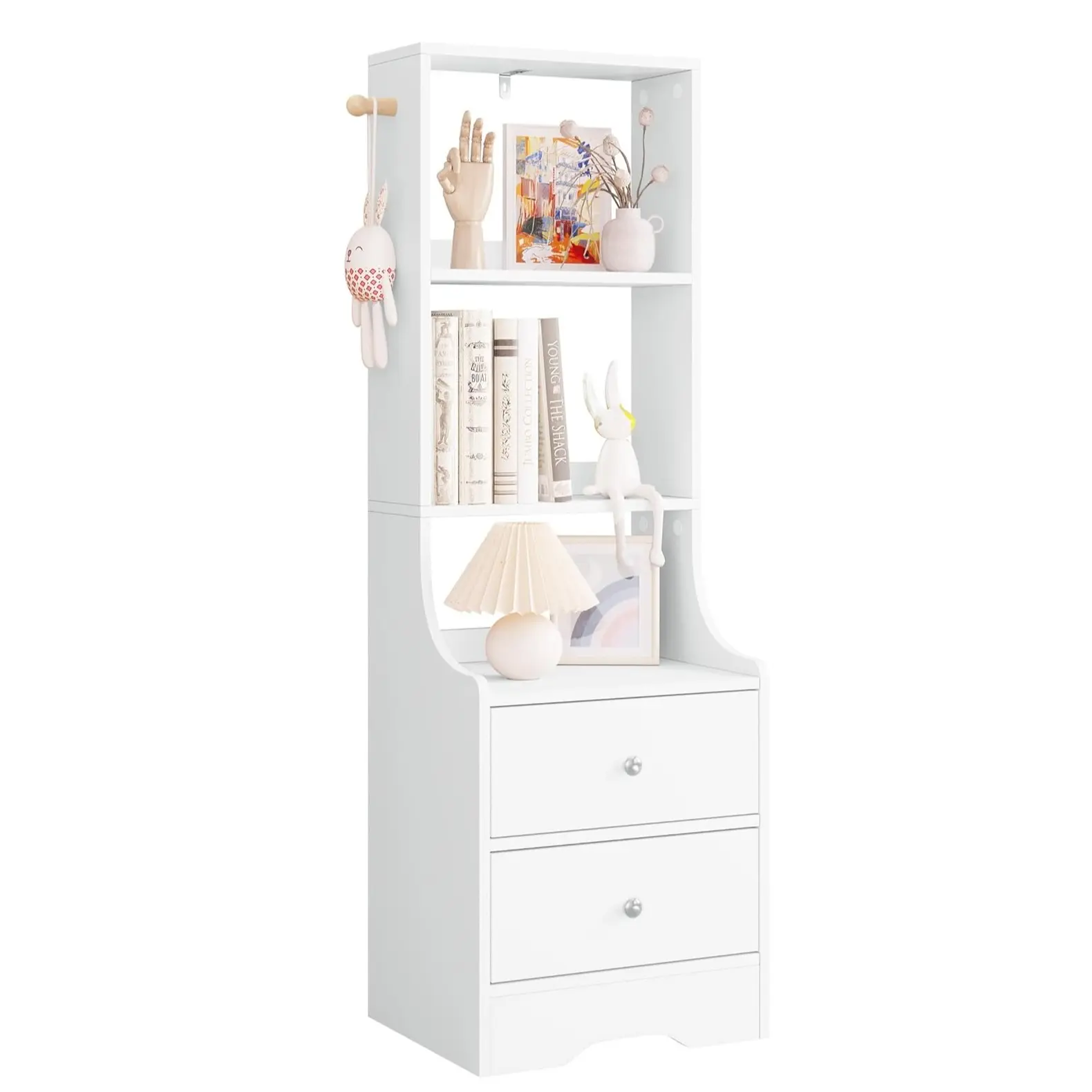 WOLTU Bedside Table with Storage, Tall Nightstand White Bedside Table Side Cabinet with 2 Drawers 3 Open Shelves 1 Hook, 37x30x114cm, NTS18ws