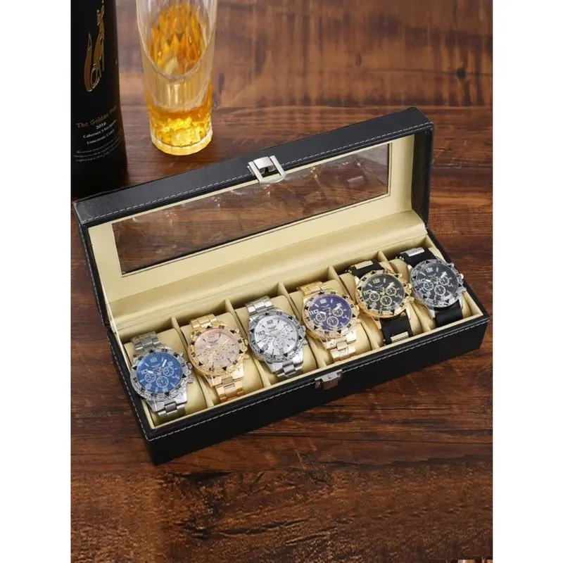 Luxury 6-Slot Watch Box Organizer with Glass Top, Premium Black PU Leather Exterior, Soft Velvet Interior, Square Watch Display Case with Flip-Top Lid for Storage and Showcase 3