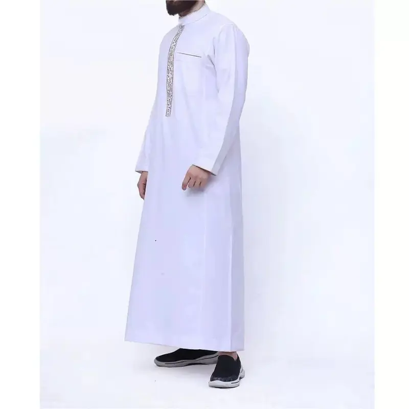 Elegant Men's White Kandora with Black Stripe & Embroidery - Classic Ramadan Attire, Polyester & Elastane Blend, Non-Stretch, Hand Washable, Stand Collar, All-Season Arabian Robe 1