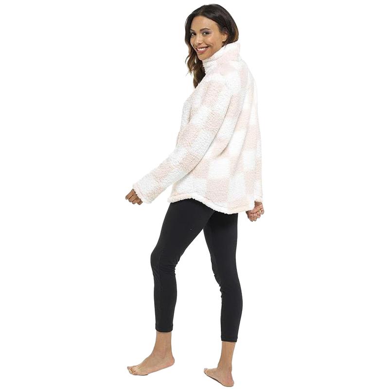 Women's Half-Zip Sherpa Fleece Jumper - Soft & Plush Casual Lounge Sweater, Check Design - Sizes 8-22 3