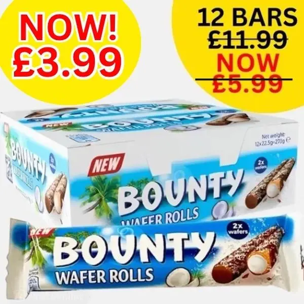 12 Bounty Wafer Rolls - Chocolate - New Years Deal - £0.34 PER BAR - Snack
