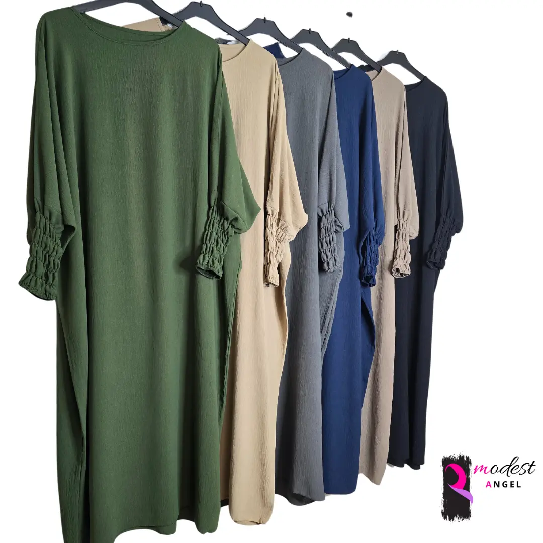 Batwing crepe jazz material flounced sleeve abaya maxi dress casual dress crew neck colour prayer dress islam muslim hajj umrah 16 colours multi colour olive green brown/grey black beige navy blue grey loose stretchy one size modest Eid Gift minimalist el