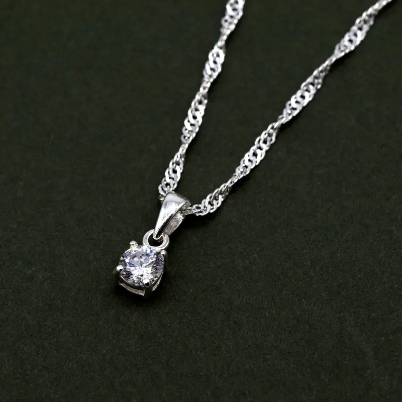 Genuine 925 Sterling Silver Cubic Zirconia Round Pendant Necklace Singapore Chain 14"-24" 2