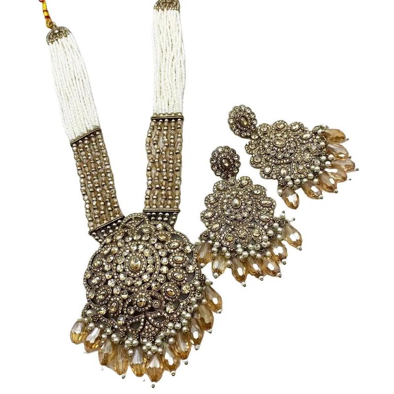 Gana Gold Stone Long Necklace Set - Antique Gold Indian Jewellery (Free Delivery) 3