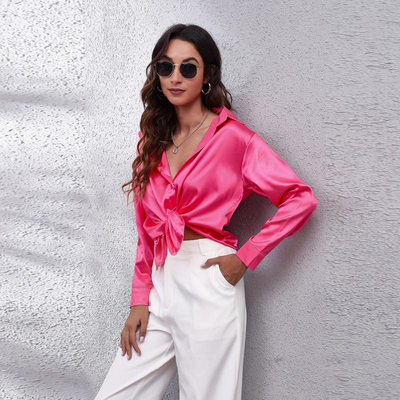 Product Introduction of Women's Satin Satin Imitation Silk Long Sleeved Shirt Elegant V-neck Retro Style Multicolor Shirt Top-Looki Ngi 19