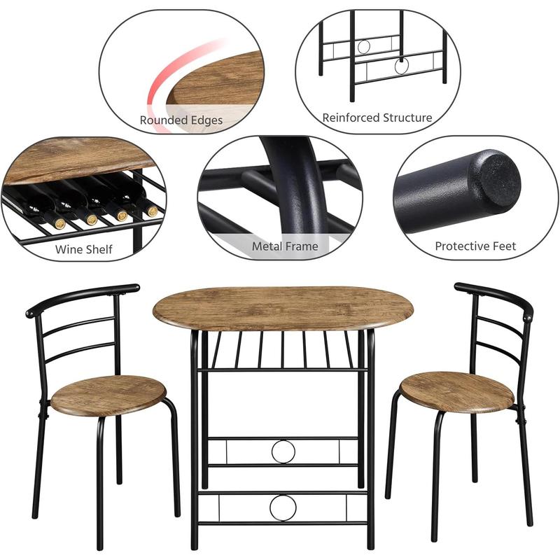 3 Piece Modern Dining Table Set, Kitchen Table and Chairs Set for 2, Space Saving Table Set, Breakfast Nook Table Set with Steel Legs and Storage Rack for Kitchen/Small Space, Brown 4