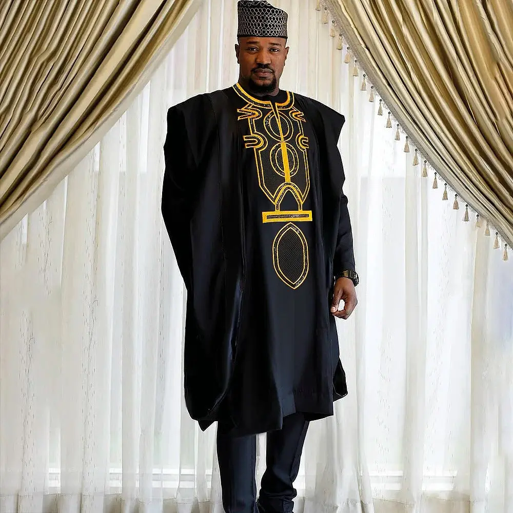 African Agbada (Black) - nigerian traditional Cotton Menswear - Mens Kaftan - African Wedding Suit - Long Sleeve Suit - African Clothing