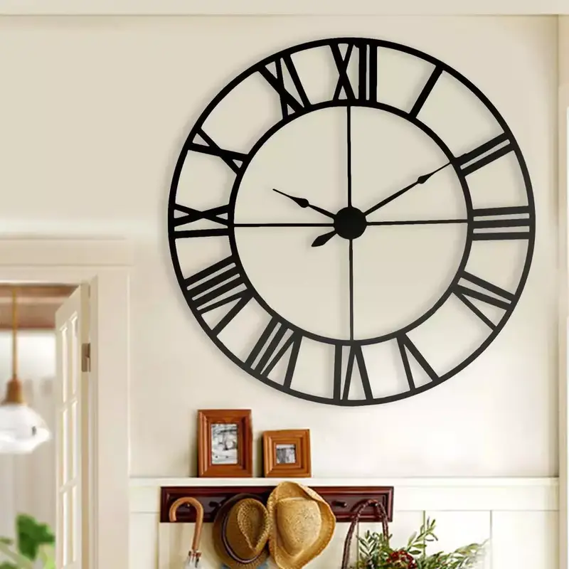 Large Black Metal Wall Clock with Vintage Look and Silent Roman Numerals for Home Decor 1