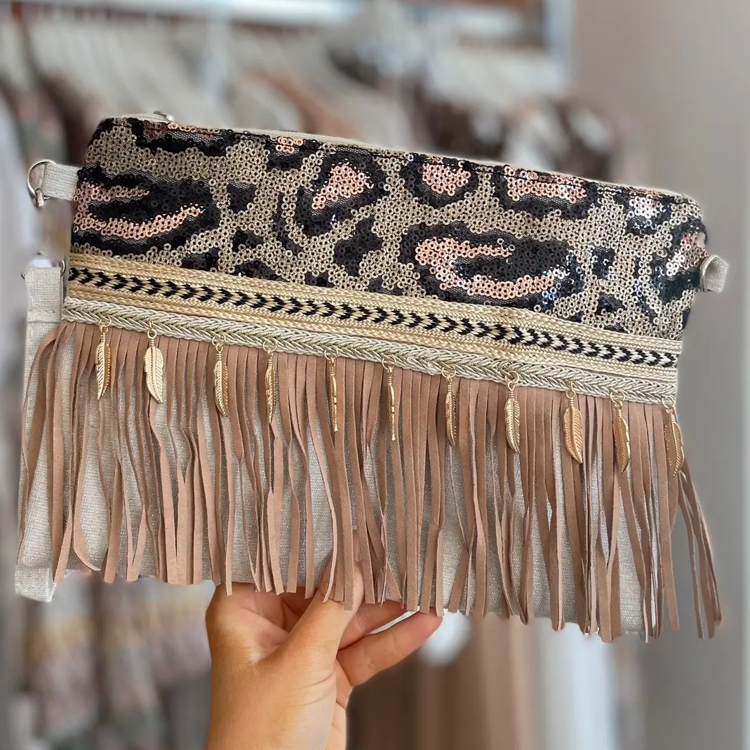 Leopard print boho tassle bag