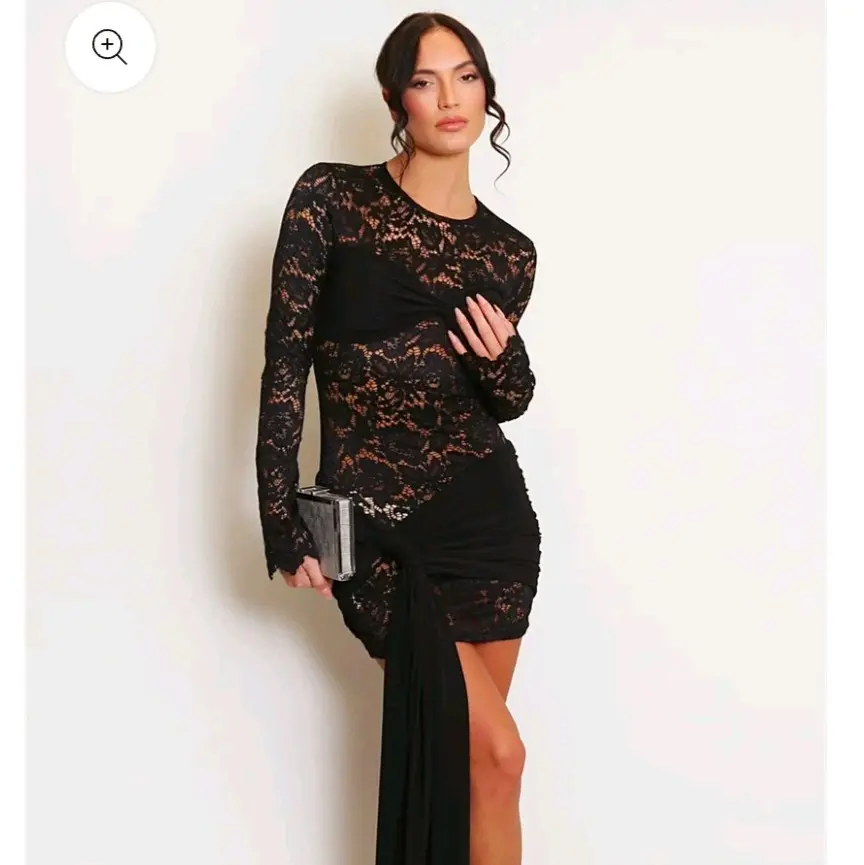Black Peekaboo Lace Mini Dress with Drape Detail Formal Wear Long Sleeve Comfort for Women - Casual Womenswear