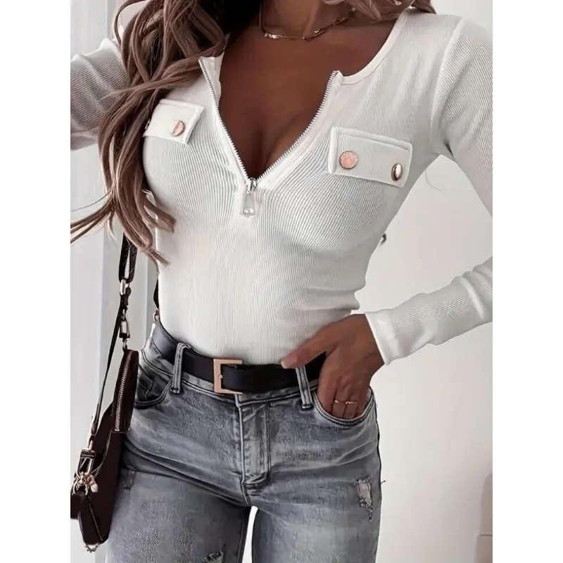 Women's Plain Half Zipper Back Button Decor Tee, Casual Long Sleeve Round Neck T-shirt for Spring & Fall, Women's Top for Daily Wear 6