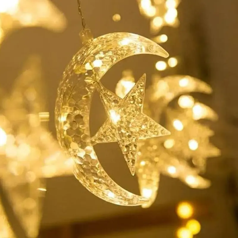 Twinkling Moon Star LED Curtain Fairy Light - Ramadan Plug In Decoration Set, 4m