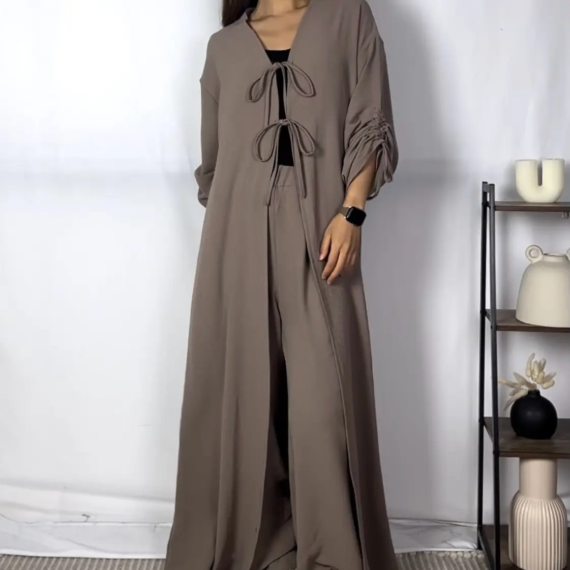 FBS 118 Textured Tie Front Open Set with Rushing Sleeves, 138cm Dress Length