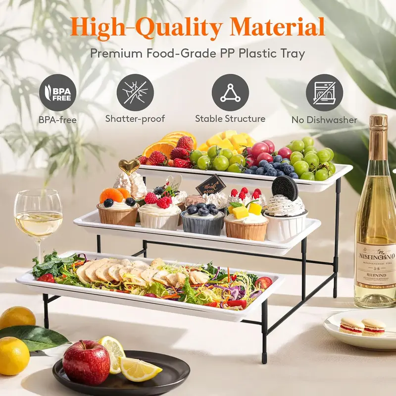 Lifewit 3 Tiered Plastic Serving Tray for Party Supplies, Platters for Serving Food, Reusable Trays with Mental Display Stand for Veggie, Fruit, Cookies, Dessert 6