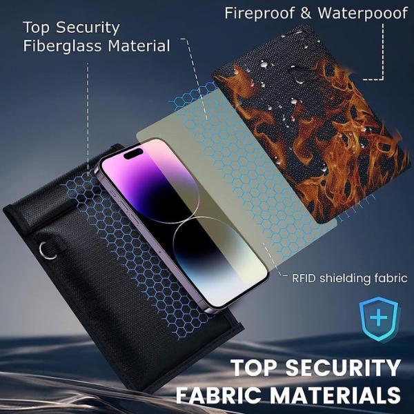 Product Introduction of Waterproof & Fireproof Farady Bags, 5 Counts Signal Blocker Bags, Anti-Signal Blocker  Bags, Storage Bag for Car Keys, cell phone, credit Cards, tablet and Laptop. Storage bag for Business Files 7