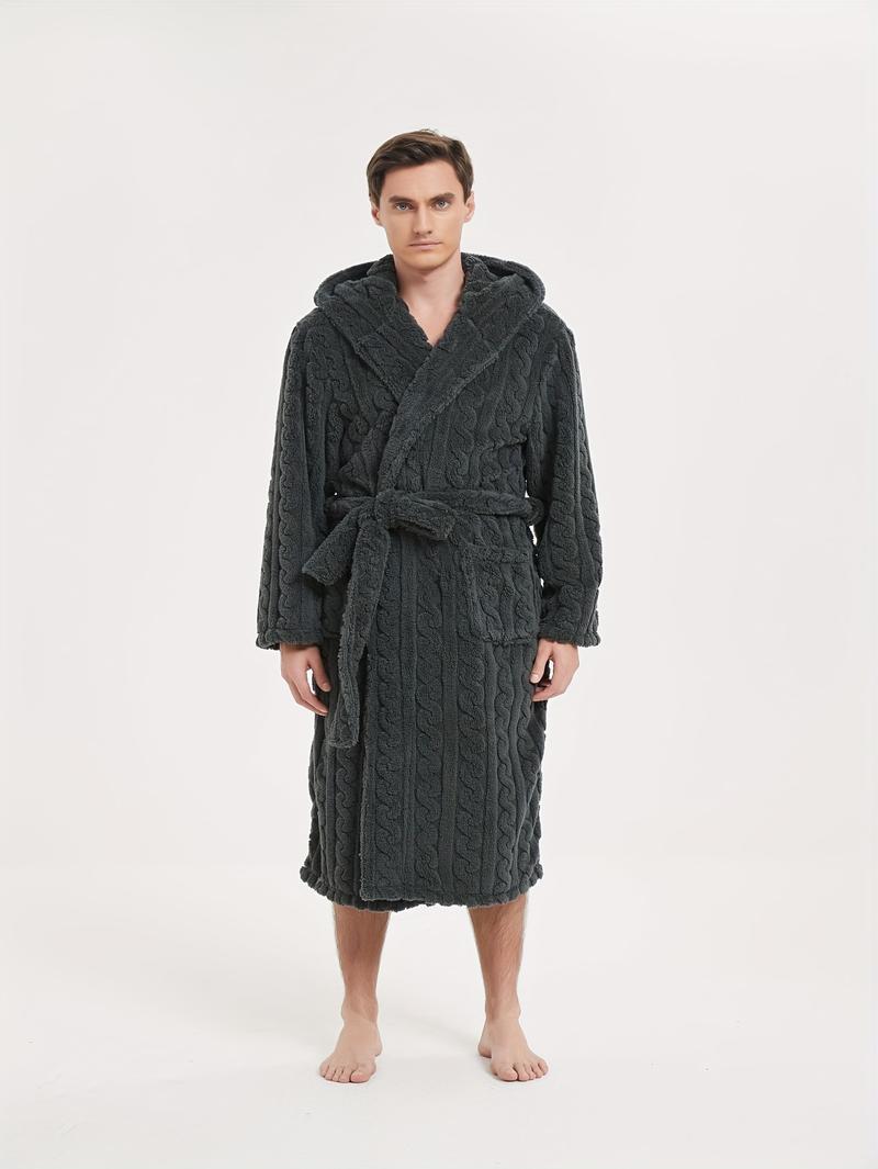 Product Introduction of Men's Comfy Solid Fleece Robe Home Hooded Pajamas Wear With Pocket & Hair Dry Hat, One-piece Lace Up Kimono Night-robe Warm Sets After Bath 13