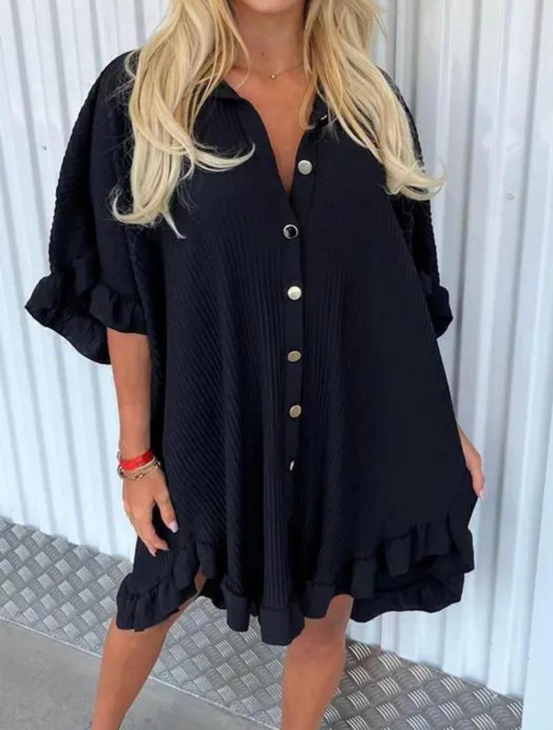 Product Introduction of Women’s Ladies Gold Button Pleated Frill Summer Shirt Swing Mini Dress Viral TikTok Top Casual Fabric 15