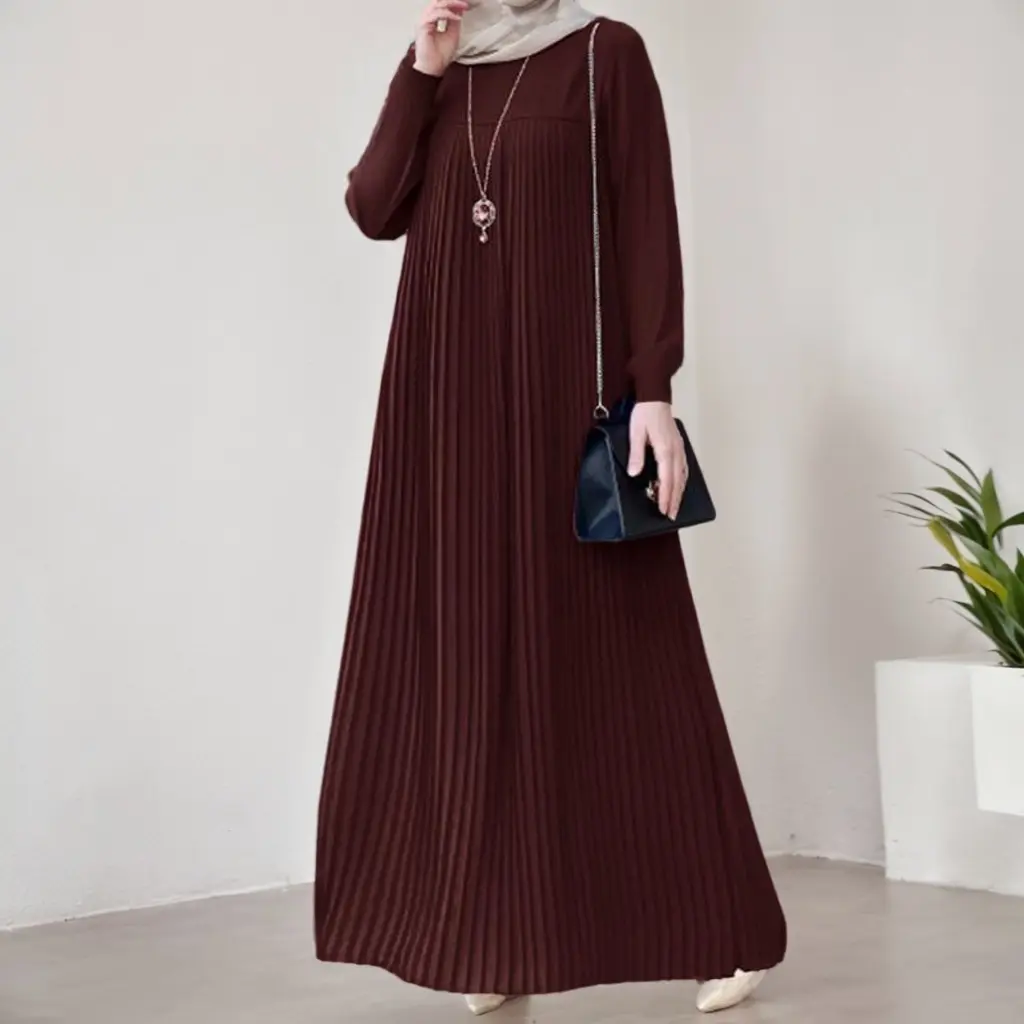 MS591#Temperament Elegant Pleated Skirt Solid Color Round Neck Long Sleeve Pleated Dress