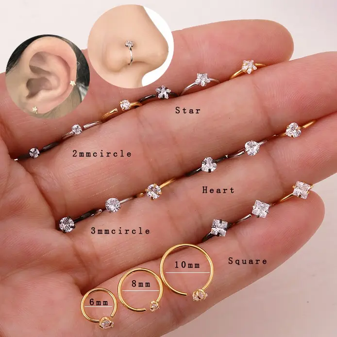 Stainless Steel Nose Ring Helix Cartilage Piercing with Star, Heart, Square, Round Cubic Zirconia Stones. Available in Gold or Silver, 6mm, 8mm, or 10mm Hoop Sizes. Perfect for Nose Lobe, Helix & Cartilage Piercings. Durable & Stylish Jewelry for Women