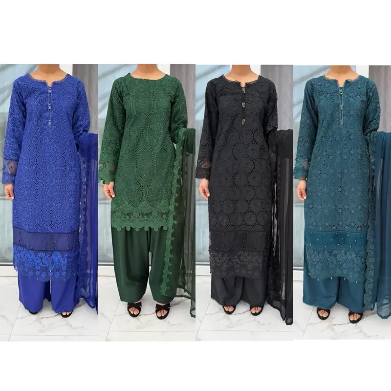 Embroidered Linen Chikan Kari kameez with embroidered chiffon dupatta and plazo/Farshi shalwar - Womenswear 0