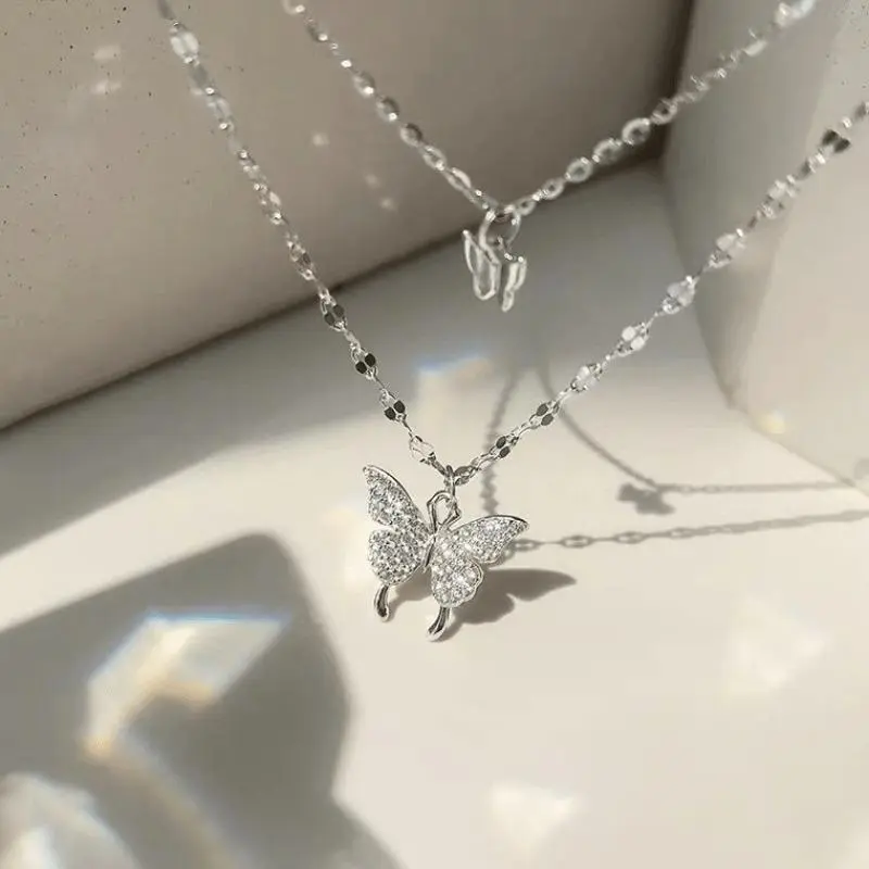 Double Butterfly Shape Layered Necklace Inlaid Shiny Zirconia Pendant Statement Party Jewelry Gifts