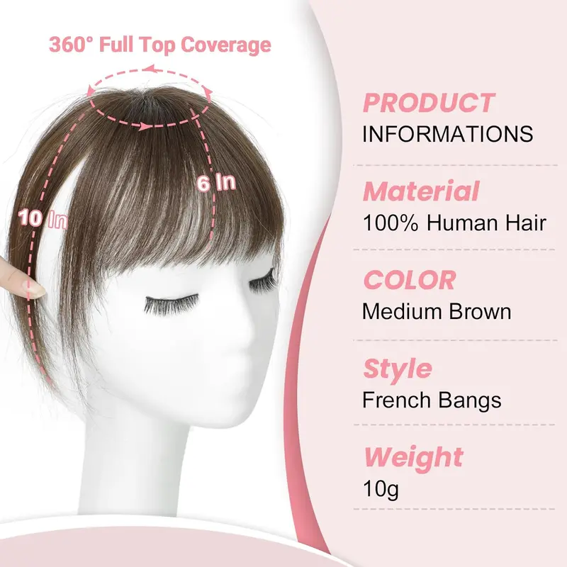 Clip in Fringe 100% Real Human Hair Fringe Clip in Bangs 10 Inch Hair Topper With 6 inch Bangs Hair Toppers for Thinning Hair Women Real Hair 360°Clip on Fringe for Daily Wear (Chocolate Brown) 1