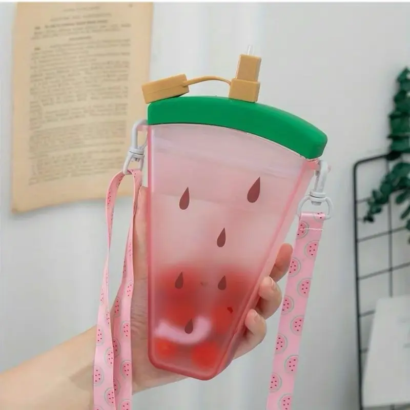 Water Bottle, Fruit Designed Straw Bottle with Strap, Watermelon Slice Water Bottle for Outdoor, Reusable Washable Tumbler Cup, Portable Drinkware for Camping Kids Shaped Lid