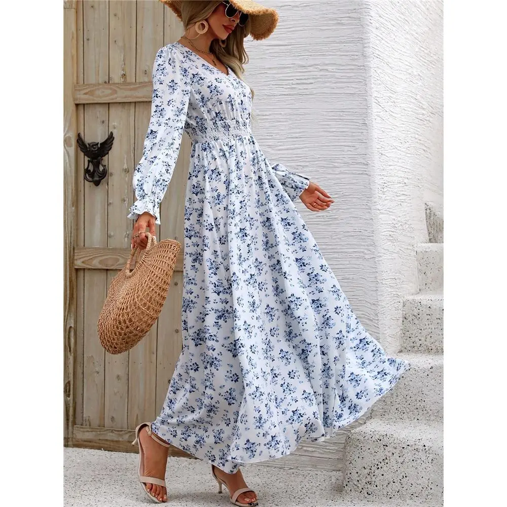 clothing long skirt wrap print floral tiktok lune v neck long sleeve dress long skirt women