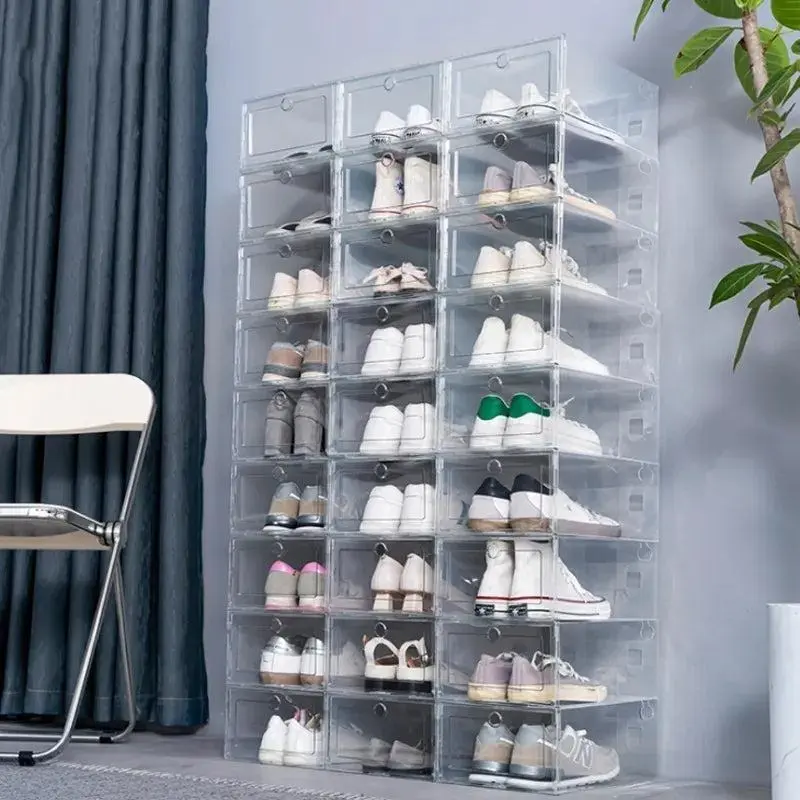 Plastic Shoes Case Shoe Cabinet Foldable Storage Plastic Dustproof Transparent Door Home Closet Shoe Organizer Stackable Box