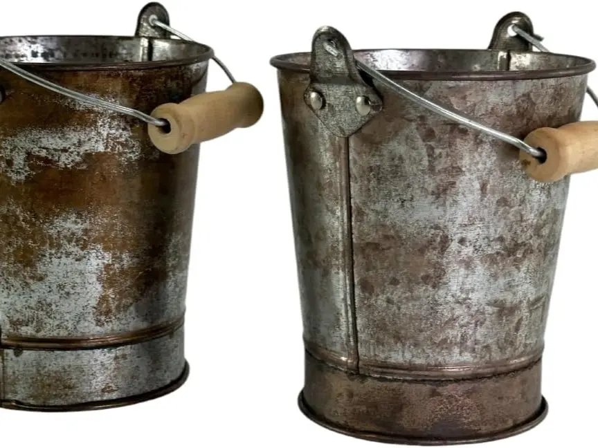 Vintage Rustic Mini Serving Buckets - 2 Galvanized Metal Buckets for Event Centerpieces, Parties, Picnics & Home Decor - Rustic Copper Effect with Wooden Handle | Plant