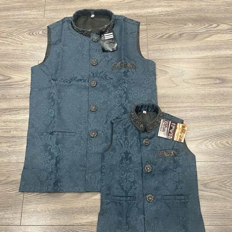 Blue/grey Mens and boys matching waistcoat with stonework 0