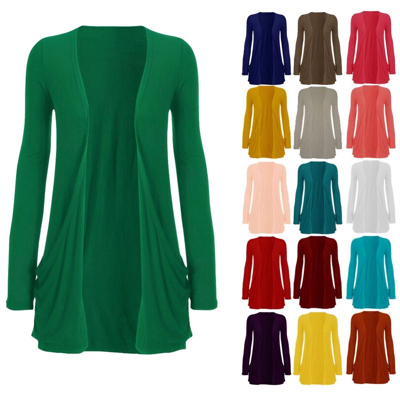 Womens Girls Long Sleeve Ladies Boyfriend Cardigan TOP Open Pocket UK Plus 8-26 0