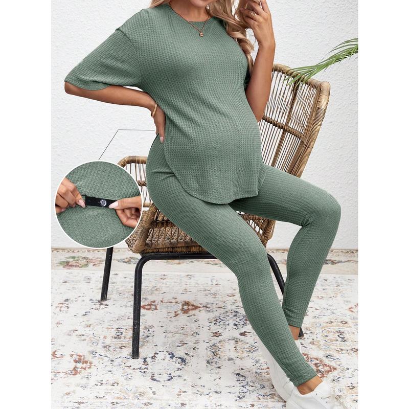 2pcs/Set Maternity Solid Crew Neck Short Sleeve Top And Casual Pants 0