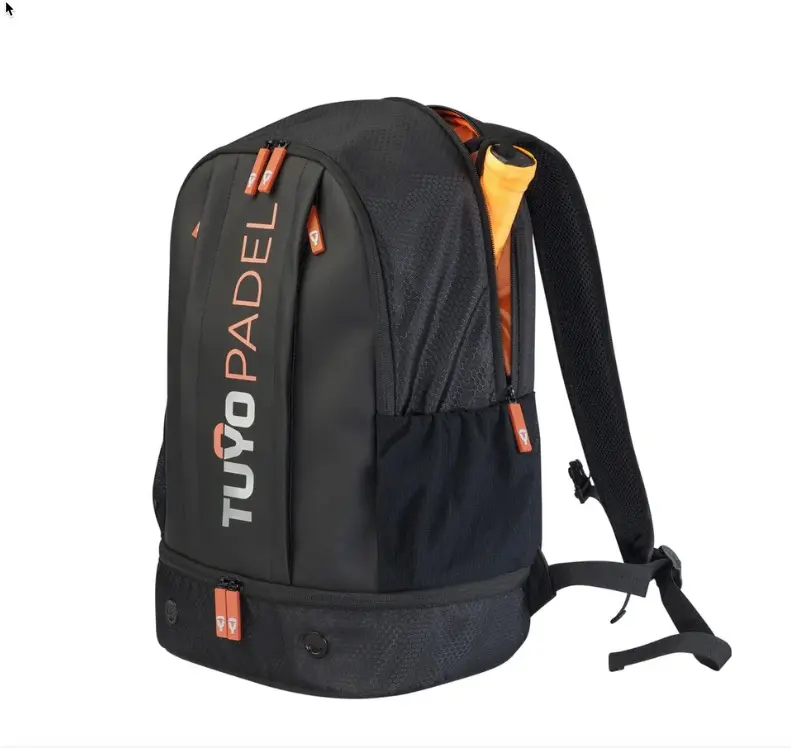 TUYO Backpack Black - Padel Bag with easy access compartments in different sizes to store your padel shoes, (up to) two rackets, water bottle, balls, keys and phone