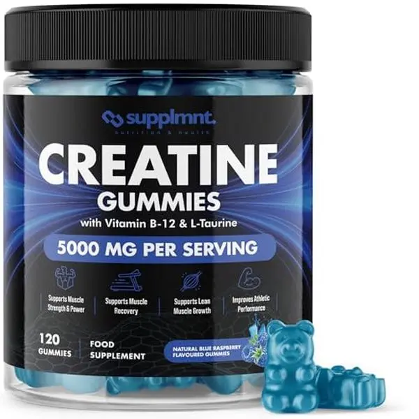 Creatine 120 Gummies Max 5000mg for Men & Women Creatine Monohydrate Plus B12 and L-Taurine Chewable Gummies, Blue Raspberry Flavour 1 Month Supply (1 Count (Pack of 120), Blue Raspberry) Healthcare Muscle