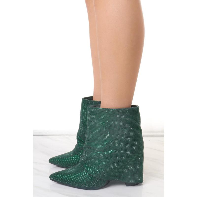 Green Diamante Fold Over Shark Ankle Boot 1