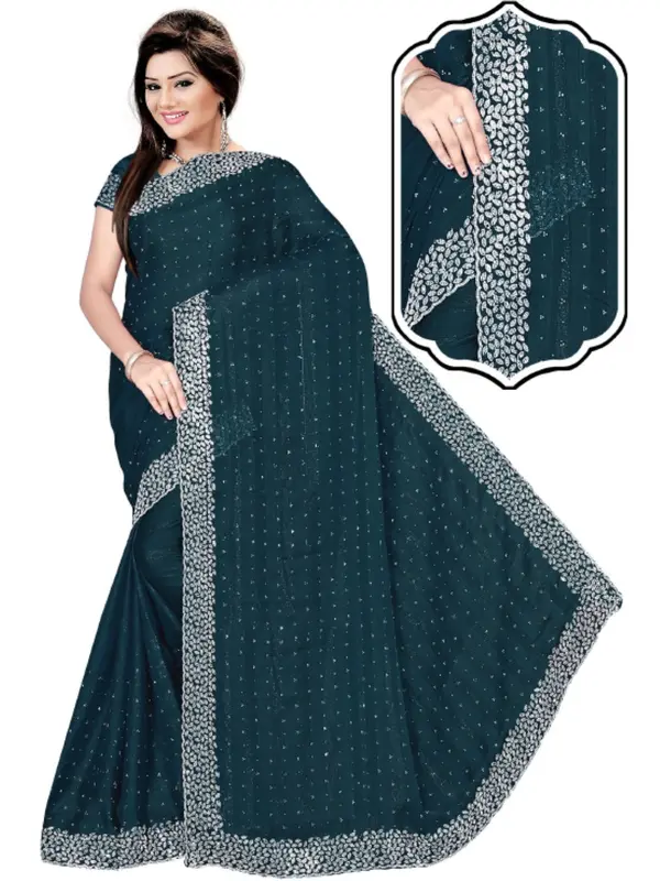Designer Georgette Saree with Shimmer Stripes, Swarowski Work, Large Border, Unstitched Blouse, Saree 2