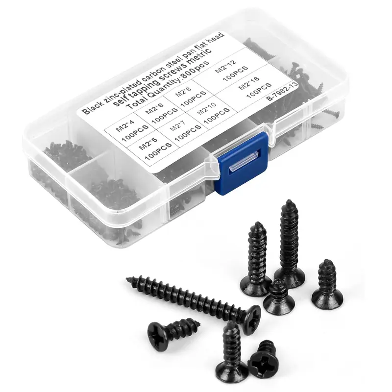 800 Pcs M2 Self Tapping Screw Kit Small Black Carbon Steel Self Drilling Screws Tiny Wood Screw Flat Countersunk Cross Head Screws Assortment Set for Wood Soft Metal Plastic 4/5/6/7/8/10/12/16 mm 3