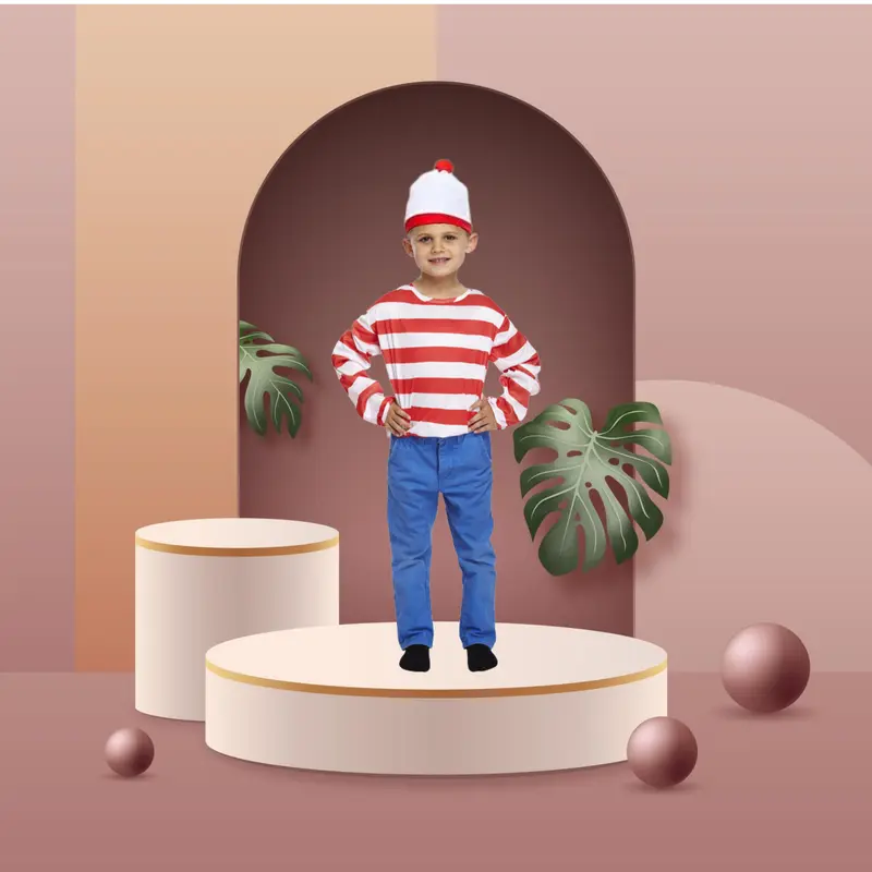 Wally Boys & Girls Unisex Red & White Striped T-Shirt, Hat & Glasses | Kids Children's Fancy Dress Costume For Book Week Day, School Cosplay Party 3
