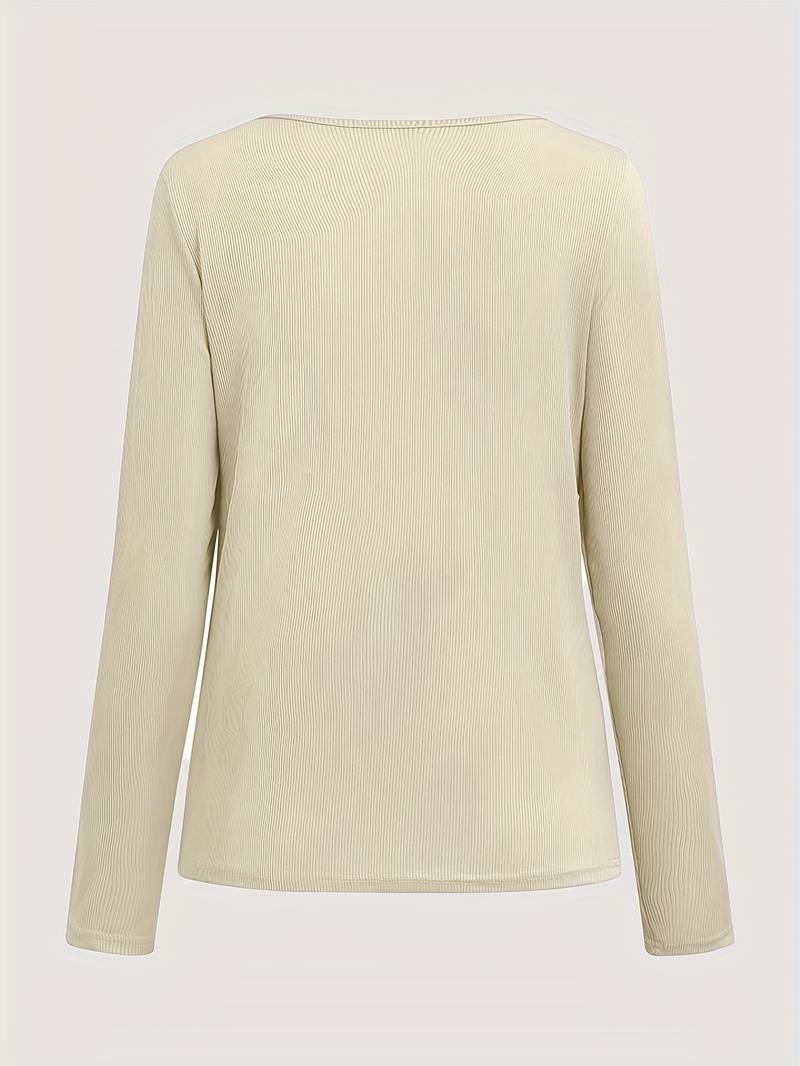 Product Introduction of Solid Ribbed Zipper Front T-Shirt, Casual Long Sleeve T-Shirt For Spring & Fall, Women's Clothing 16
