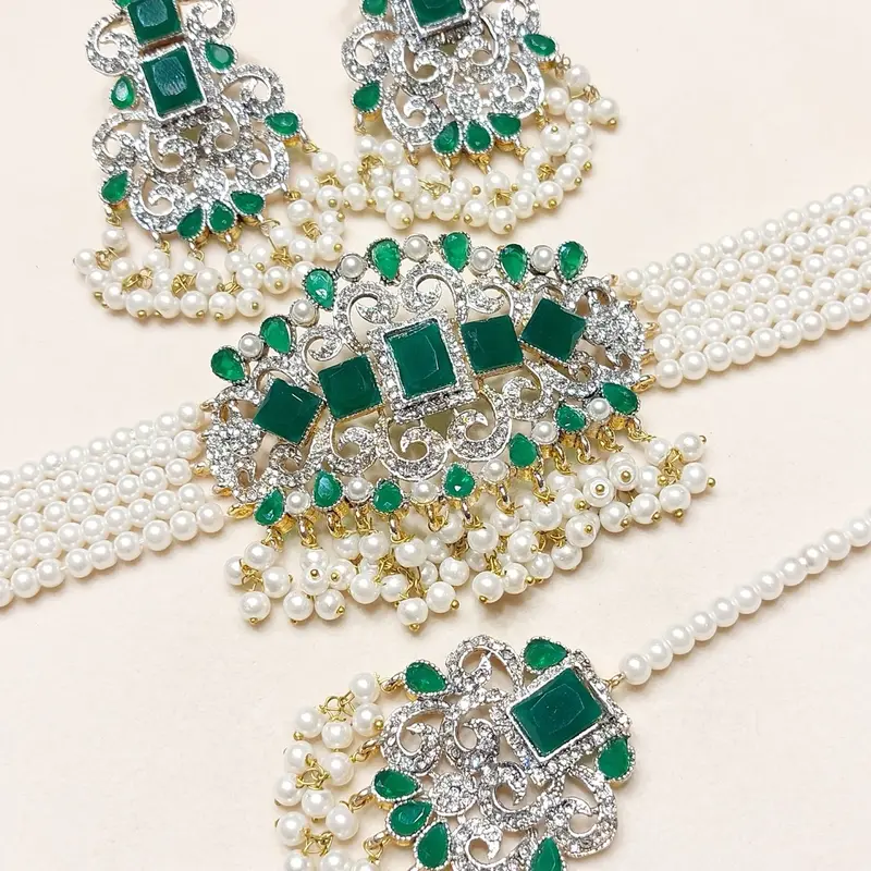 Zircon Choker Set with Real Stone MJB 045 - Bridal Set with Earrings,Tikka, and Pearls Bandhai Necklace 4