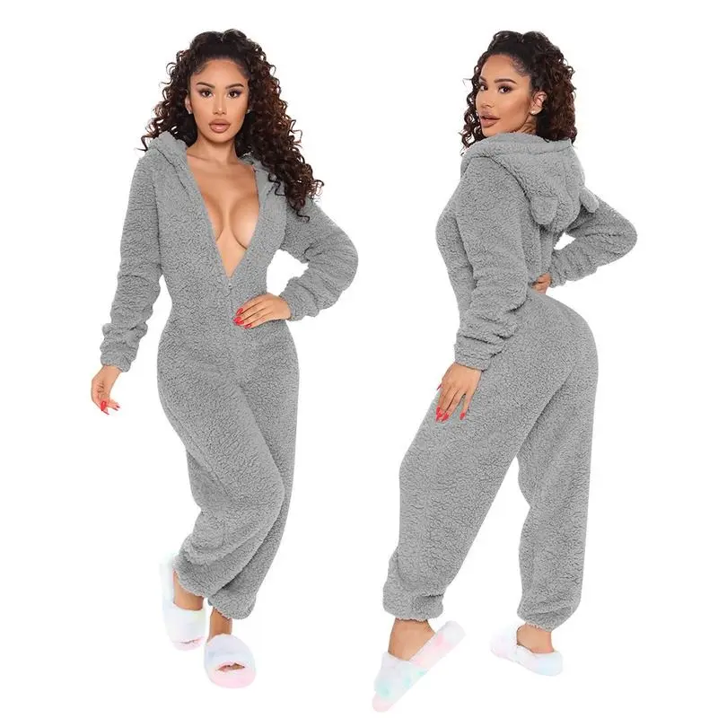 Women's Plush Fleece Pajama Jumpsuit Hooded, Zip-Up, Easy Care, Solid Color, Casual Lounge Onesie for Fall/Winter. Pajama Set Comfort Loungewear Nightwear Womenswear Homewear Pjs Long Sleeve Basic Minimalist Pyjamas 1