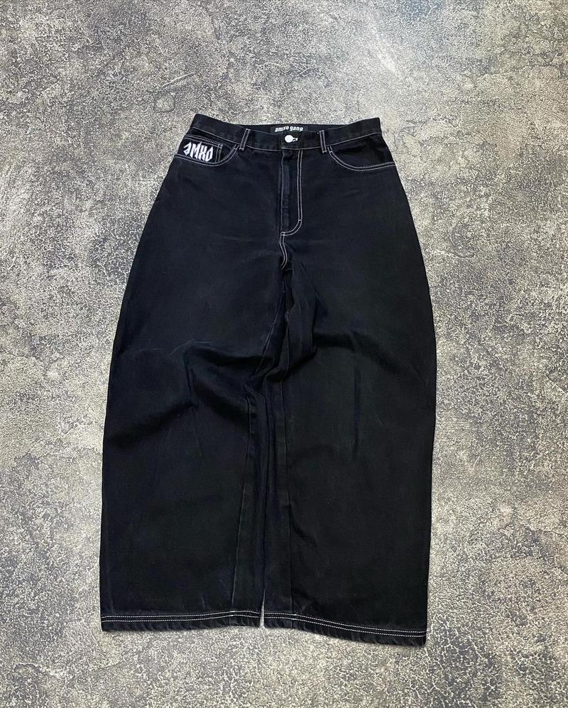 Product Introduction of Street aesthetic black retro straight baggy pants y2k Harajuku hip hop pocket print washed high waist unisex denim trousers 8
