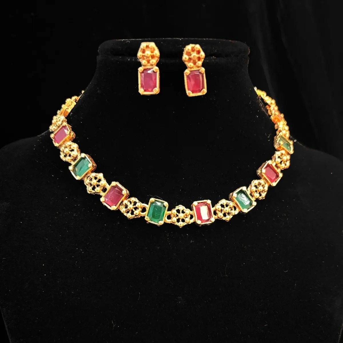 Ruby and Emerald Effect Earring and Necklace Set for Women