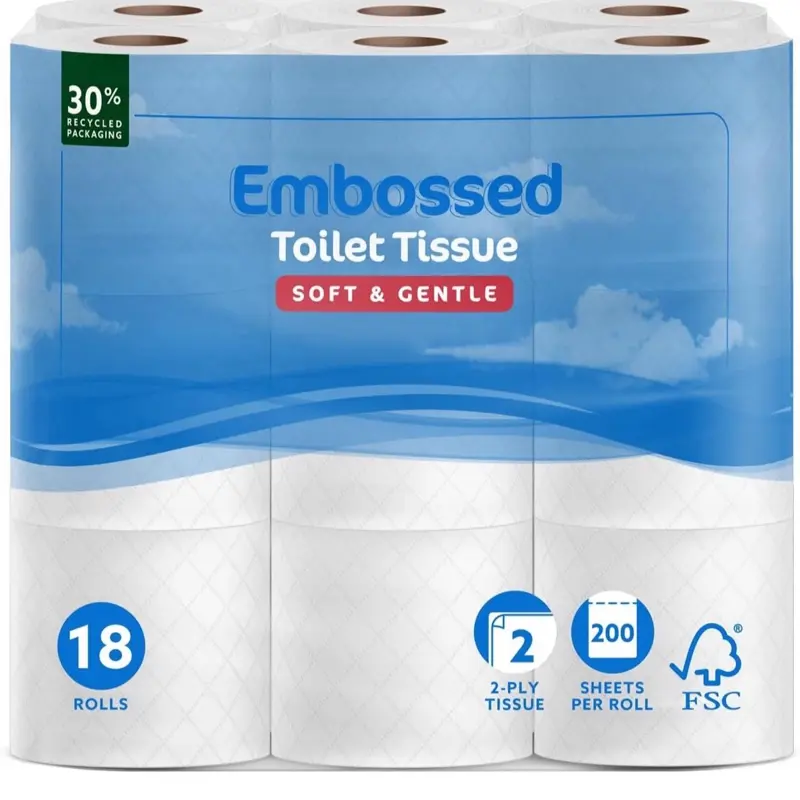 Gentle Touch 2-Ply Embossed Toilet Roll, 18 Rolls, 200 Sheets per Roll, FSC Certified - Ideal for Sensitive Skin - Wipes