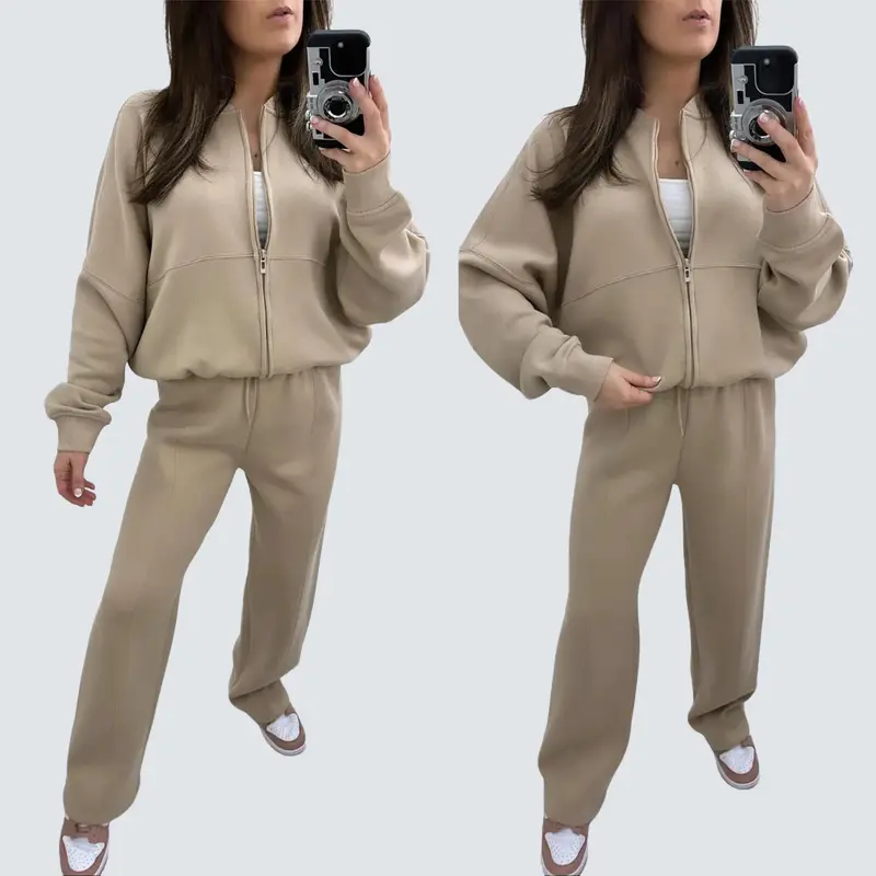 Women's Fleece Lined Oversized Zip Up Bomber Jacket And Pleated Straight Leg Pants Joggers Drawstring Trousers Two Piece Co-Ord Lounge Jogging Tracksuit Set Ladies Oversize Comfy Loungewear Womenswear Everyday Overall 6