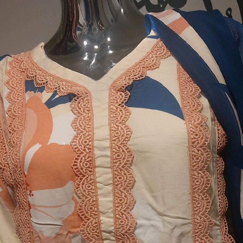 Asian Style 3pc women causal wear. boski lenen fabric and shifoon dupata ivory colour with navy blue dupata. beautiful lace work on shirt and trousers. 4