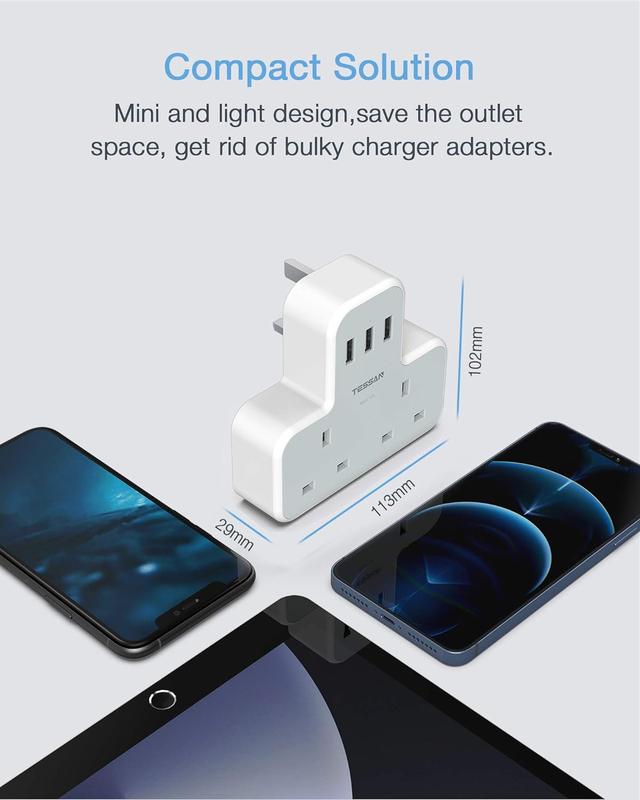 Plug Adapter with 3 USB Plug, TESSAN Double Plug Adaptor Extension Plug, 2 Way Multi Plug Extension with USB Charger Plug, Slim Multiple Plug Socket UK for Kitchen, Office, School Supplies 5