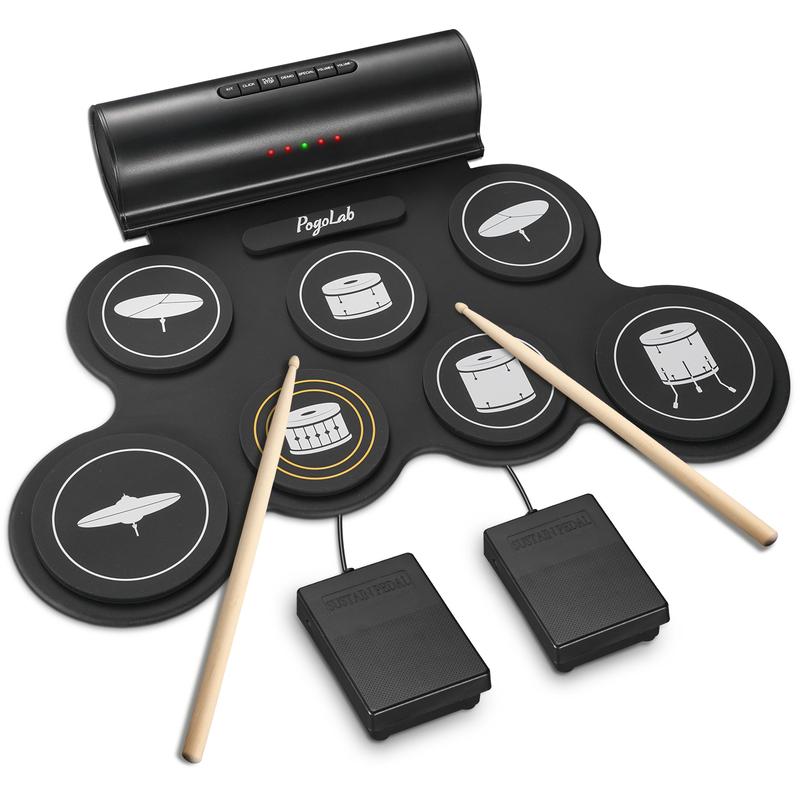 POGOLAB Roll up Drum Mat, 7 Pads Electric Drum Kit, Portable Digital Drum Practice Pad with Dual Stereo Speakers/Drumsticks/Earphone Slot, 10 Hour runtime, Christmas Birthday Gift for Kid Beginner 1