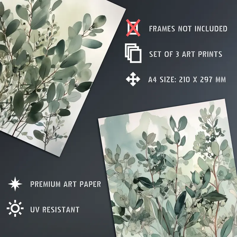 Set of 3 A4 Botanical Plants Sage Green Watercolour Eucalyptus Leaves Boho Artworks Unframed Wall Art Living Room Poster Prints Pack Decor Ornaments Decoration  Photo 3